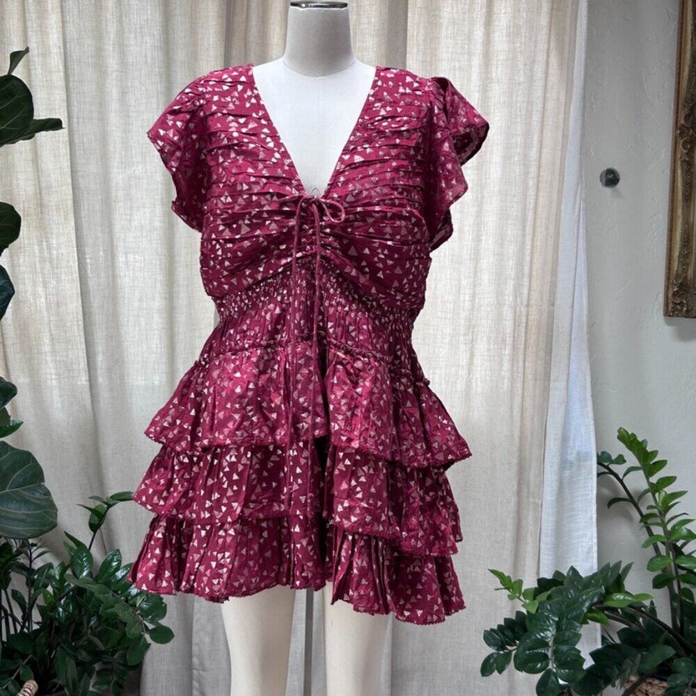 Anthropologie Burgundy Printed Ruffle Mini Dress